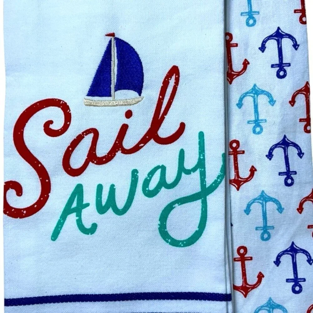 Sail Away Kitchen Towel Embellished Set Coastal Nautical Cotton Set 18 x 28 in